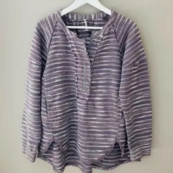 FREE PEOPLE Tweed Hideaway Henley Sweatshirt Tunic Eggplant Silver Striped  XS - Picture 1 of 14
